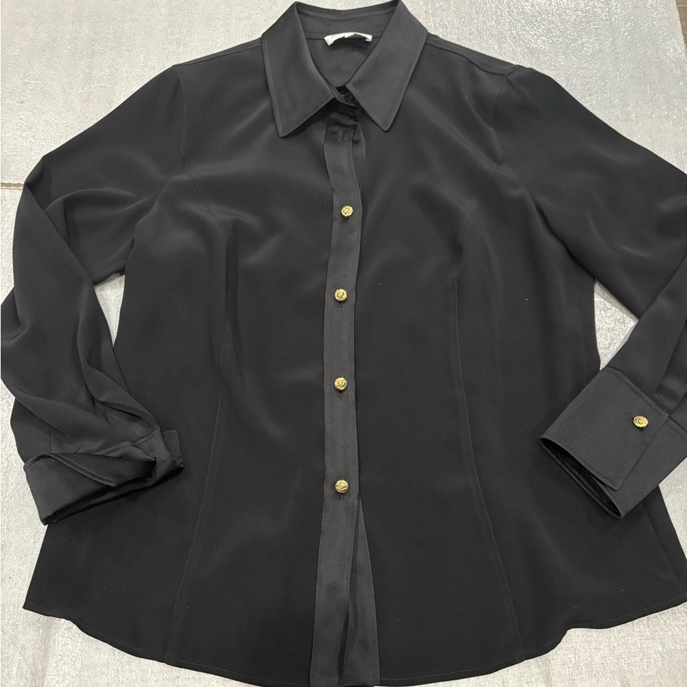 [44]Anna.V.Braun Black Satin Button-Up Shirt Gold Buttons Silky
